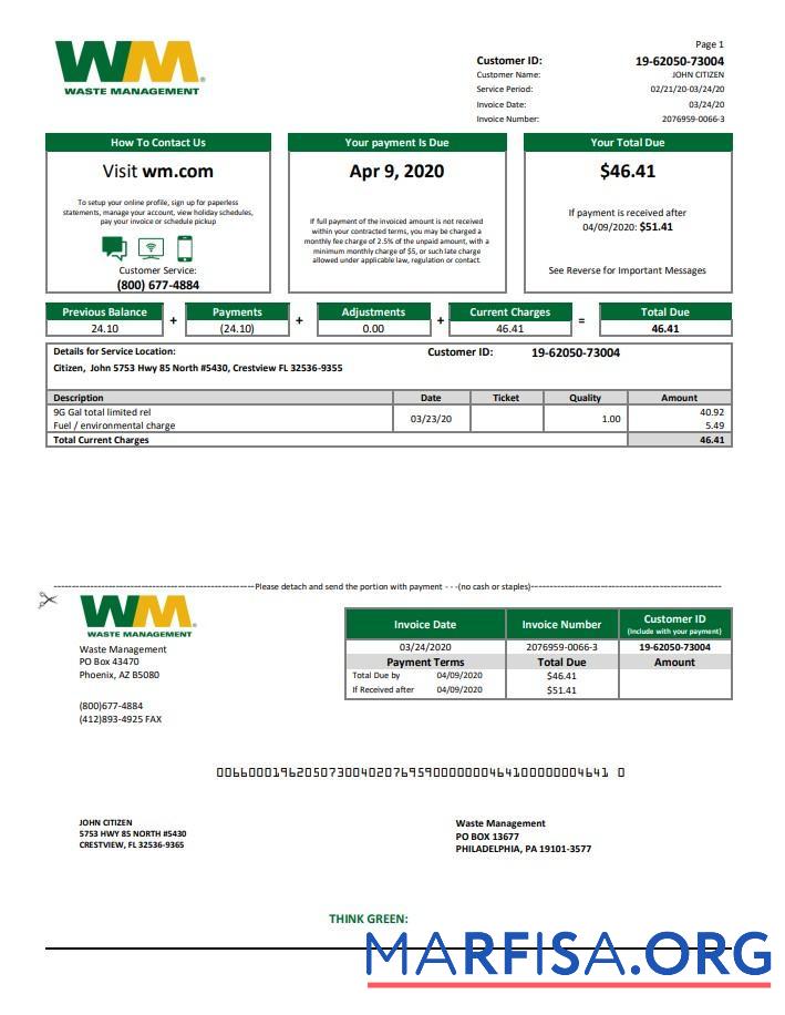 Realistic USA Waste Management bank statement word template